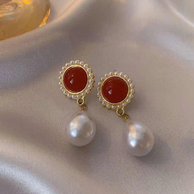 Vintage Wine Red Pearl Earrings